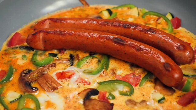 Close-up of an omelet with vegetables and sausages cooking in a frying pan. Homemade breakfast, nutritious meal preparation and comfort food concept. High quality 4k footage