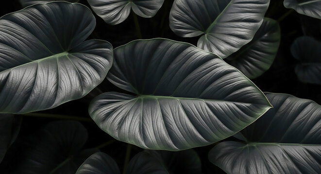 Closeup tropical black leaves texture and dark tone process, abstract nature pattern background