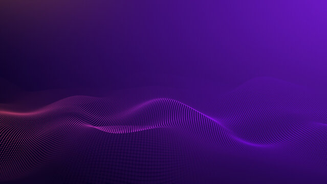 Cyber purple digital wave made of particles and dots, glowing data flow background, audio waveform grid, neon energy lines and futuristic network visualization