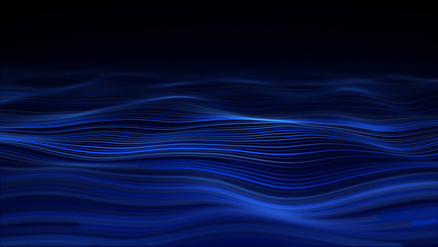 Blurred blue wave background with glowing digital lines, smooth gradient light flow, clean data graphics, minimal navy technology style and soft luminous surface