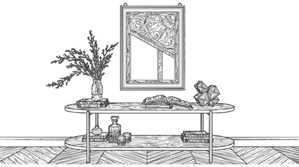 Fototapeta premium Elegant interior design illustration featuring a console table with home decor and books in a minimalist line art style on a herringbone floor.
