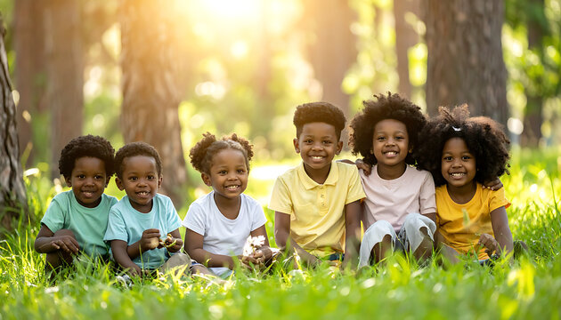 A group of six young Black children sitting together in a sunny, grassy park, smiling warmly at the camera, depicting joy and togetherness