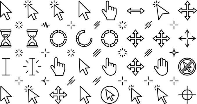 Computer mouse cursor line icon set with click arrow hand pointer hourglass loading wheel move and select symbols