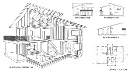 Obraz premium Architectural Blueprint and Floor Plan Set for a Modern House Design with a Sectional Perspective for a Professional Building Project