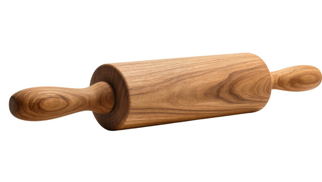 Wooden rolling pin with handles and visible grain