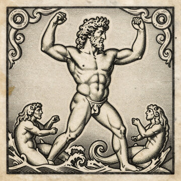 Flat Design Ancient 1978. 1978 Vintage, Retro Engraving Of Poseidon In Ancient Greek Olympian Deity God Pose, Holding His Trident