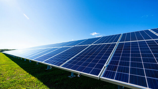 Large solar panel array in a grassy field under blue sky with solar panels energy daylight
