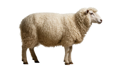 Fototapeta premium Fluffy sheep with thick wool standing profile view