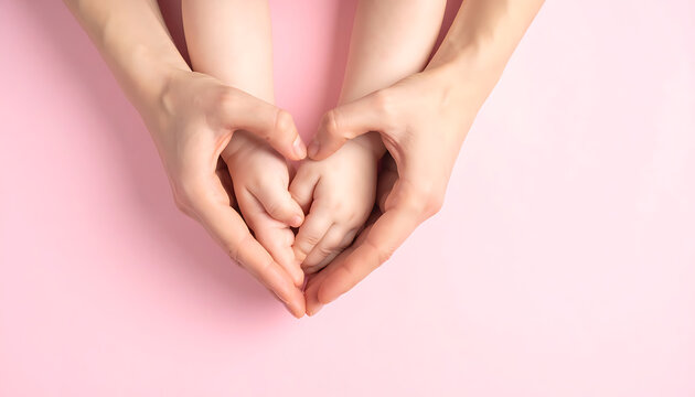 Adult hands forming a heart shape around a child's hands, symbol of love and family on pink background