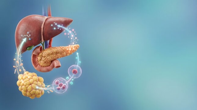 Liver and Pancreas Metabolic Regulation Medical Illustration with Cellular Processes