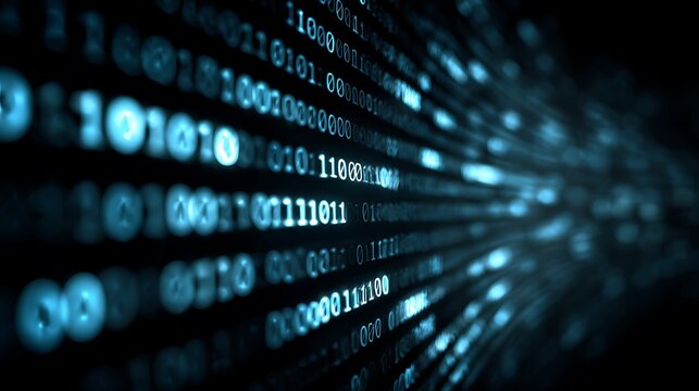Binary code stream glowing in bright blue light flowing dynamically across a dark digital space representing computer programming, cybersecurity, and big data processing