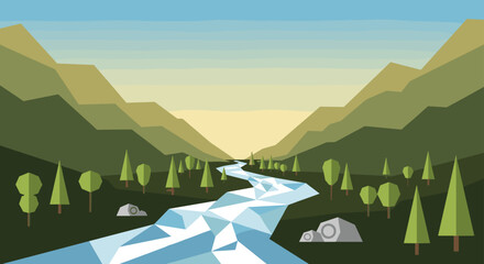 Low poly mountain valley scene shows a blue river flowing past stylized pine trees and grey rocks during a peaceful sunset or sunrise time. © Tohura