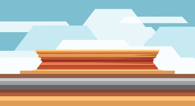 Geometric desert canyon layers are shown in a stylized side view with tiered rock formations and abstract hexagonal clouds in the background.