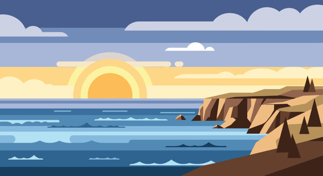 Beautiful coastal landscape illustration captures high cliffs overlooking a wavy blue ocean during a bright sunset with stylized clouds.