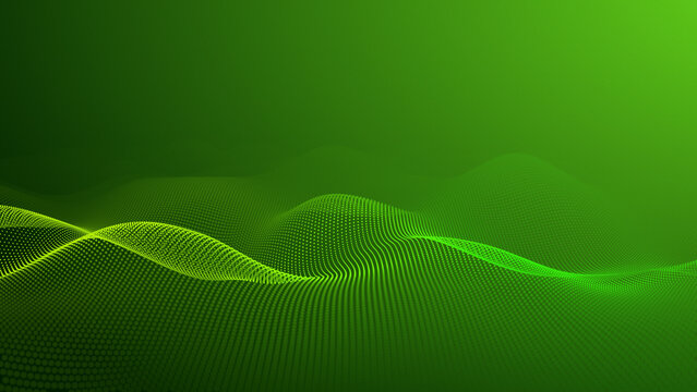 Neon green particle mesh wave with flowing data landscape, cyber energy field lines, futuristic network surface and abstract technology grid