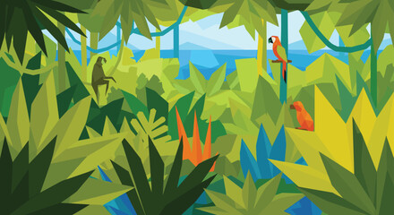 Vibrant low poly jungle illustration depicts a dense green forest with exotic birds like parrots and a monkey among tropical plants. © Tohura
