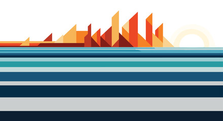 Abstract city skyline made of orange triangles stands over a striped blue ocean with a white sun rising on the right side of the frame. © Tohura