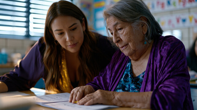 Adult literacy tutor leaning across a small table toward an older woman sounding out words from a printed workbook, a community center classroom behind them with alphabet charts on painted cinder bl