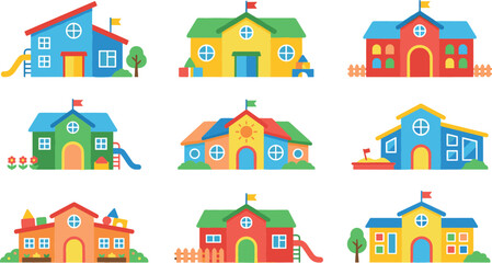 Fototapeta premium Kindergarten building vector icon set featuring colorful flat style preschool primary school facades nurseries playgrounds and slides isolated on white background.