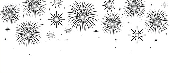 black fireworks banner on a white background. Festive horizontal border with elegant gold starburst line art, perfect for New Year celebration card design. © bibin