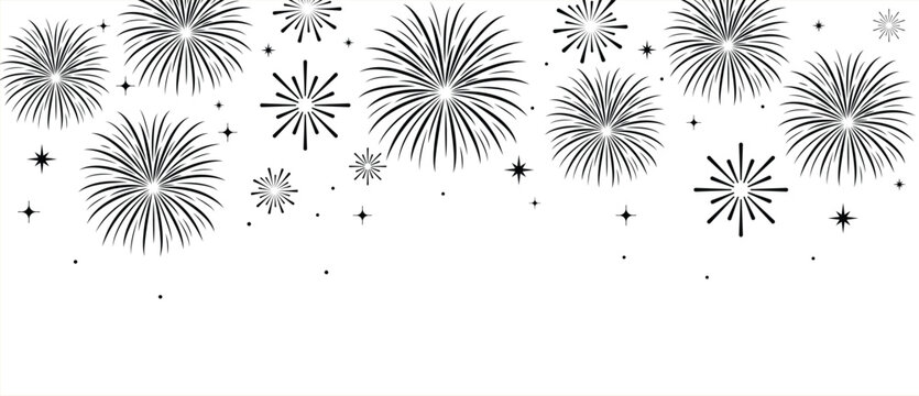 black fireworks banner on a white background. Festive horizontal border with elegant gold starburst line art, perfect for New Year celebration card design.