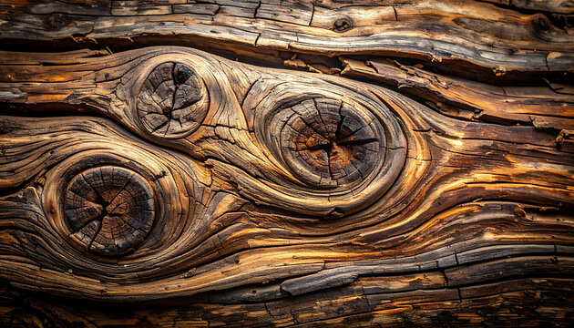 Close-up of weathered, knotty wood grain texture with deep cracks and rough surface, natural organic background