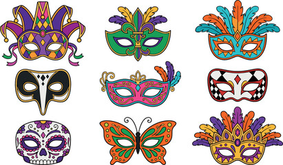 Mardi Gras masquerade mask vector icon set featuring venetian carnival costumes jester hat sugar skull feathers and butterfly elements isolated on white background. © Mdjony