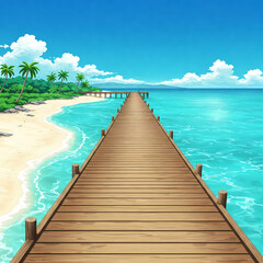 Fototapeta premium Anime style tropical beach pier background for travel agency banner and visual novel environment