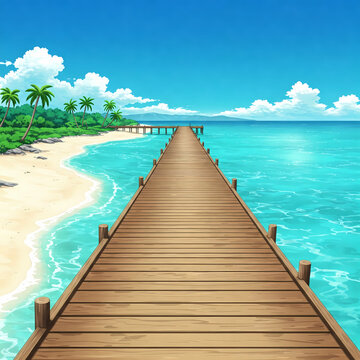 Anime style tropical beach pier background for travel agency banner and visual novel environment