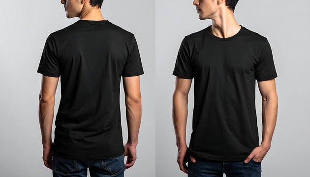 Black t-shirt mockup, front and back view, plain design on a man, apparel template for branding