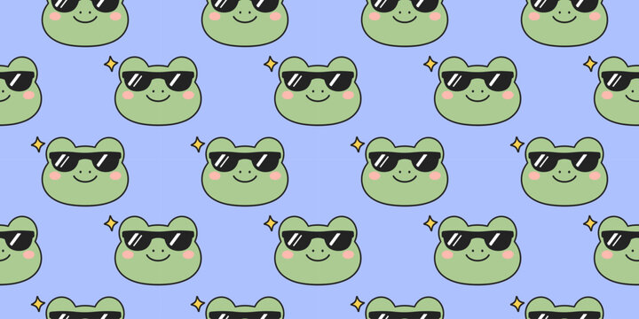 Cute frog seamless pattern with sunglasses in kawaii style. Fun repeating background for fabric, wrapping, stationery and kids decor.