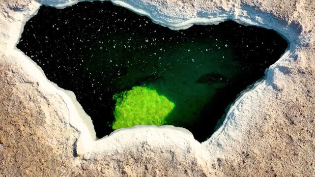 An aerial view of Vast salt flats and shallow, mineral-rich waters stretch across Lake Karum in Ethiopia's otherworldly Danakil Depression valley