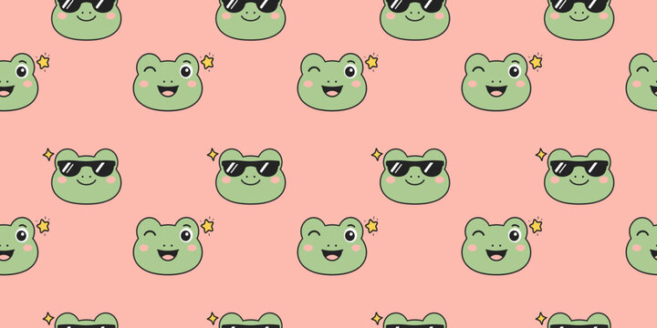 Cute frog seamless pattern with adorable cartoon faces and funny sunglasses on a pastel pink background. Perfect for fabric, wrapping paper, stationery and kids decor.