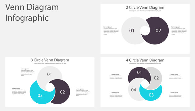 Venn diagram infographic set with two three and four circles