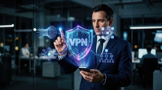 Vpn technology demonstration by business professional in modern office environment showcasing cybersecurity innovation with digital interfaces for enhanced data protection