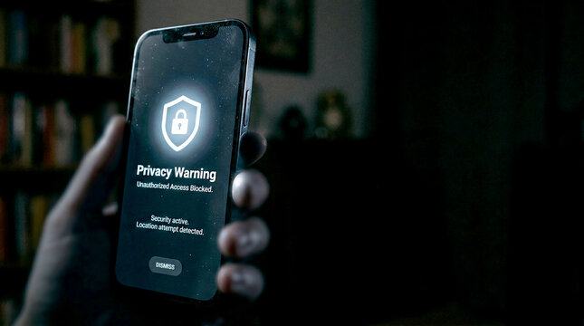 Hand holding smartphone displaying warning notification of privacy breach highlighting security risks to social media privacy in dark room close-up