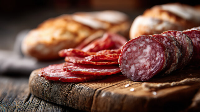 Close up of sliced cured salami sausage on rustic wooden board with artisan bread in background. Traditional delicatessen, gourmet food, charcuterie and premium meat product concept.