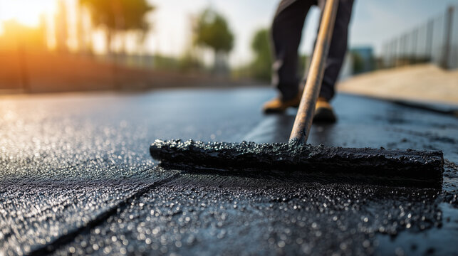 Close-up of asphalt paving process with worker smoothing newly laid road surface. Road construction, transportation infrastructure, maintenance and civil engineering concept.