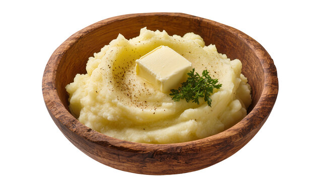 Mashed potatoes with butter and parsley in wooden bowl