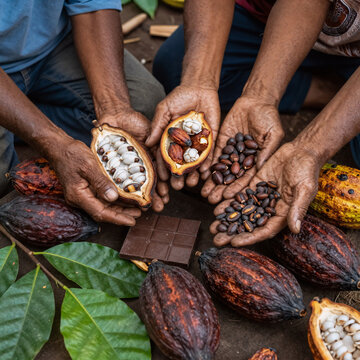 Biomechanical Chocolate Java. Cocoa Farmers In Glanmore, Banyuwangi East Java Indonesia Holding Various Types Of Cocoa Seeds And Chocolate