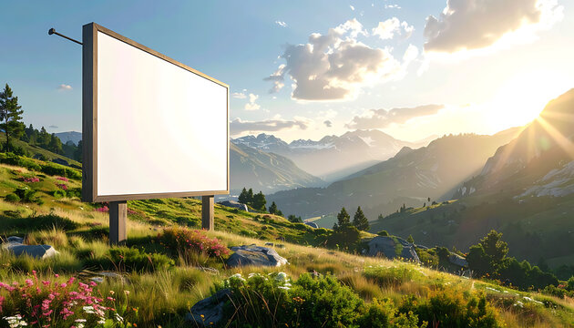 Blank billboard on a grassy hillside with mountains at sunrise, advertising space in nature, serene landscape, outdoor media