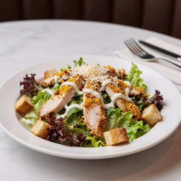 Claymation Cheese Napkin. A Restaurant Table Hosts A Cesar Salad With Assorted Lettuce, Grilled Chicken Parmesan, Cheese, And Croutons
