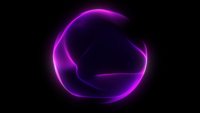 Glowing digital orb with violet neon contours, flowing wave distortion, dark background, abstract energy form and smooth plasma motion