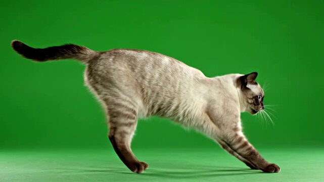 Siamese cat jumping and pouncing in motion on green screen background, feline leaping