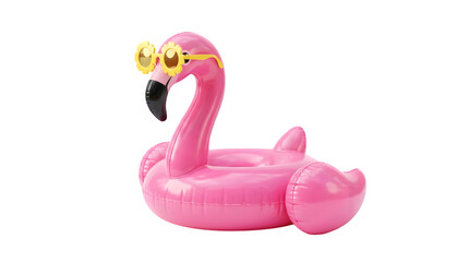 Inflatable pink flamingo pool float with sunglasses on white isolated on transparent background