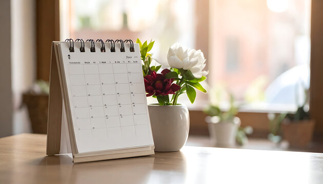 Blank desk calendar and potted flowers on a wooden table near a window with soft sunlight, signifying planning and organization