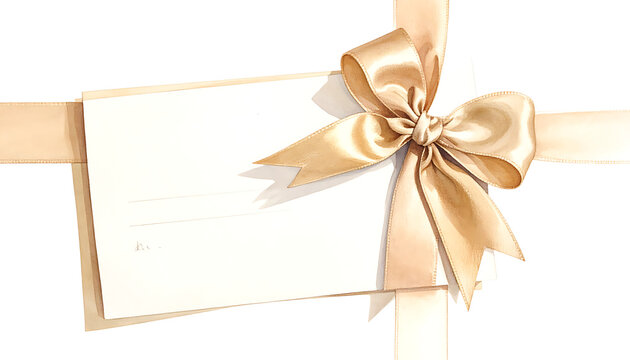 Blank greeting card tied with a golden satin ribbon bow, elegant gift wrapping, festive occasion, isolated element