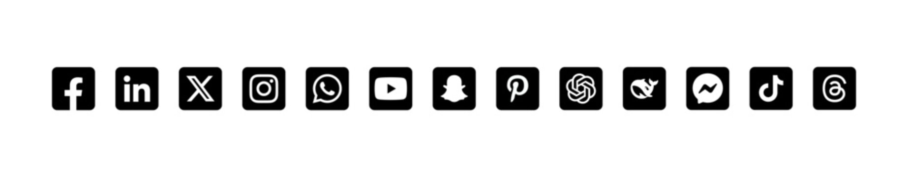 Instagram, Facebook, X, Youtube, WhatsApp, Pinterest, Linkedin, Snapchat - collection of popular social media icons. Editorial only.