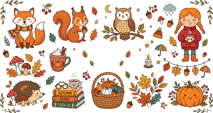 Cute autumn vector illustration set with fox squirrel owl girl hedgehog pumpkins and cozy fall elements.