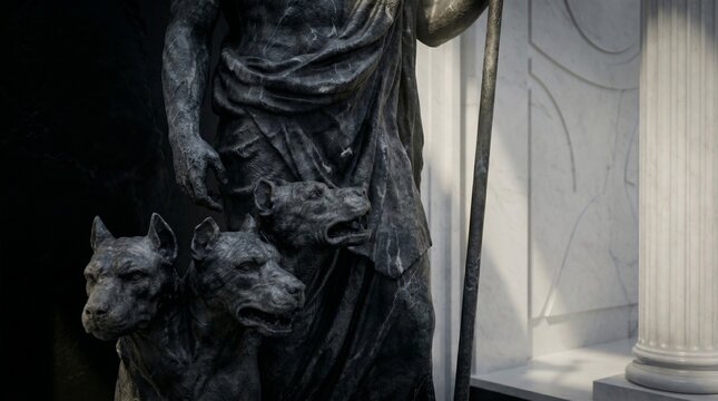 Dark marble statue of the three-headed dog Cerberus beside Hades